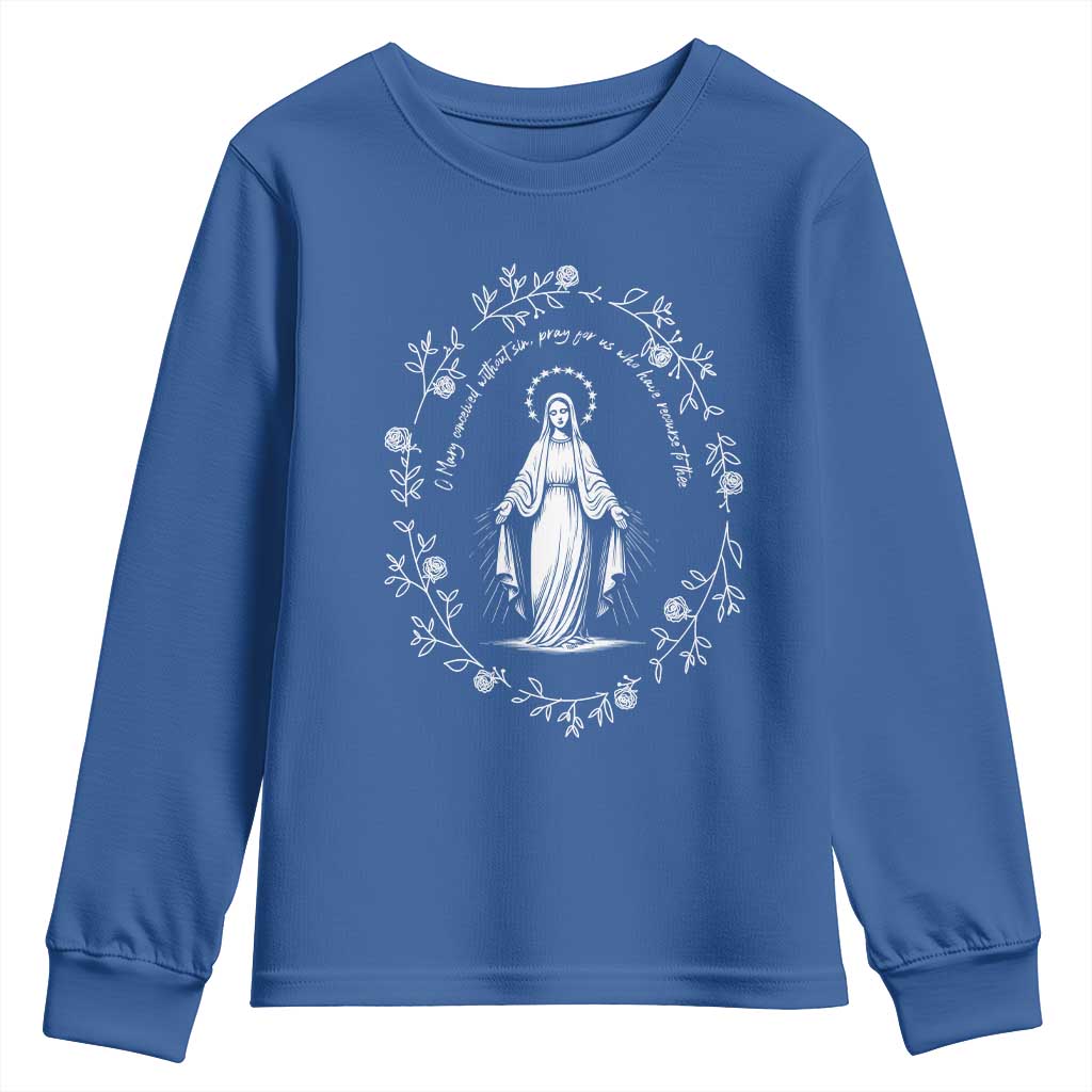 Marian Catholic Youth Sweatshirt Virgin Mary Floral Women Religious Catholic Gift TS10 Royal Blue Print Your Wear