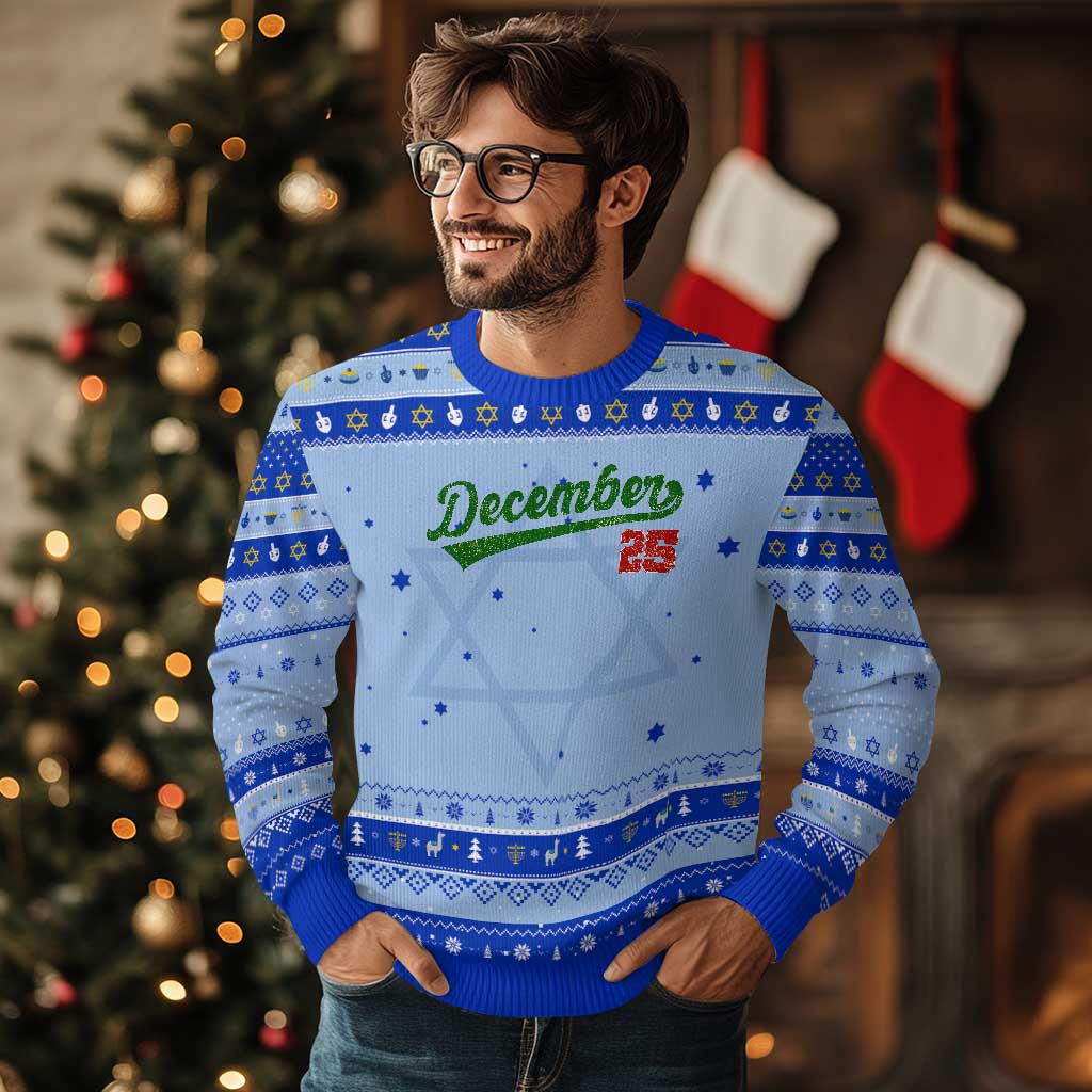 Retro Christmas December 25 Hanukkah Ugly Sweater Retro Vintage Script Holiday Trip TS10 Light Blue Royal Blue Print Your Wear
