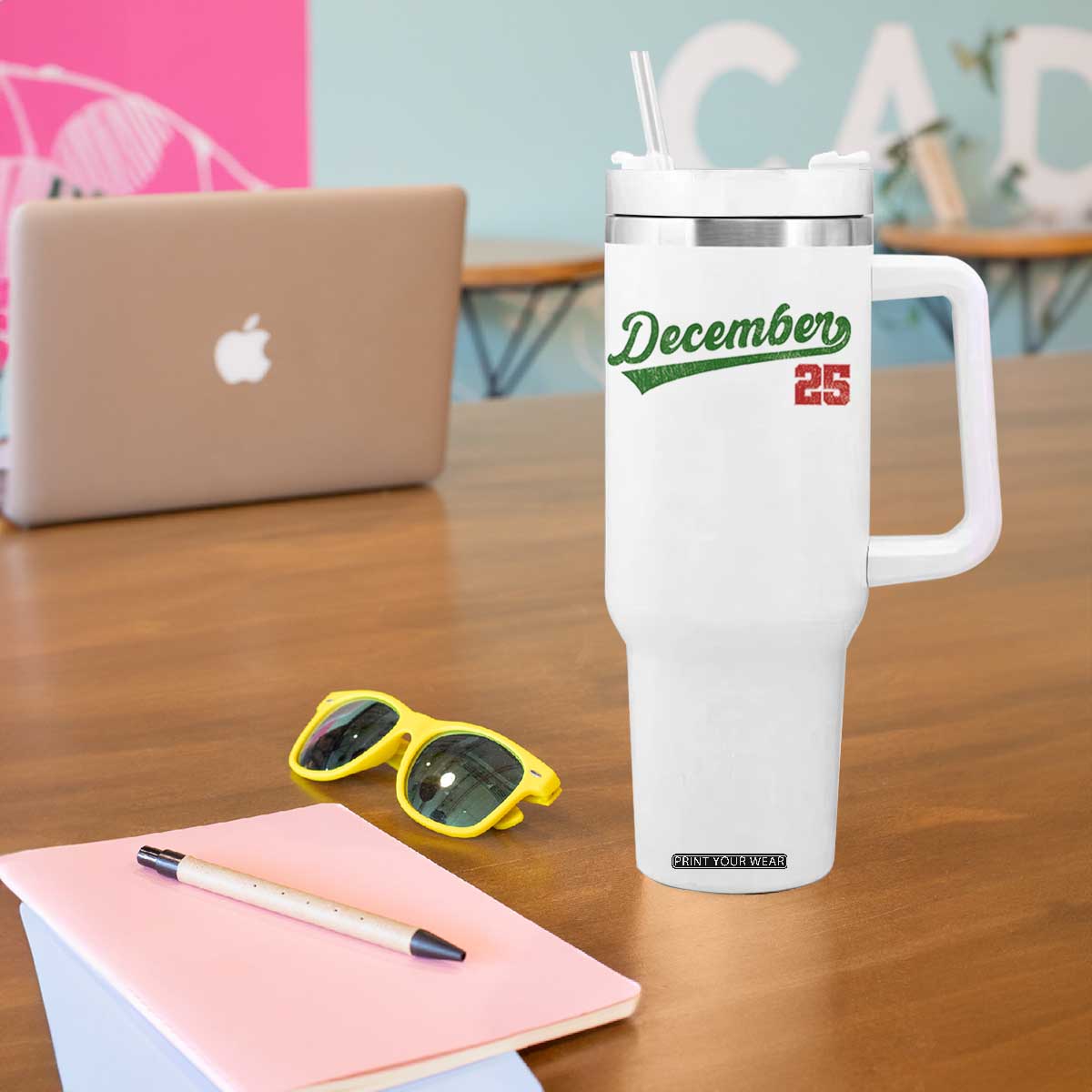 Retro Christmas December 25 Tumbler With Handle Retro Vintage Script Holiday Trip TS10 Print Your Wear