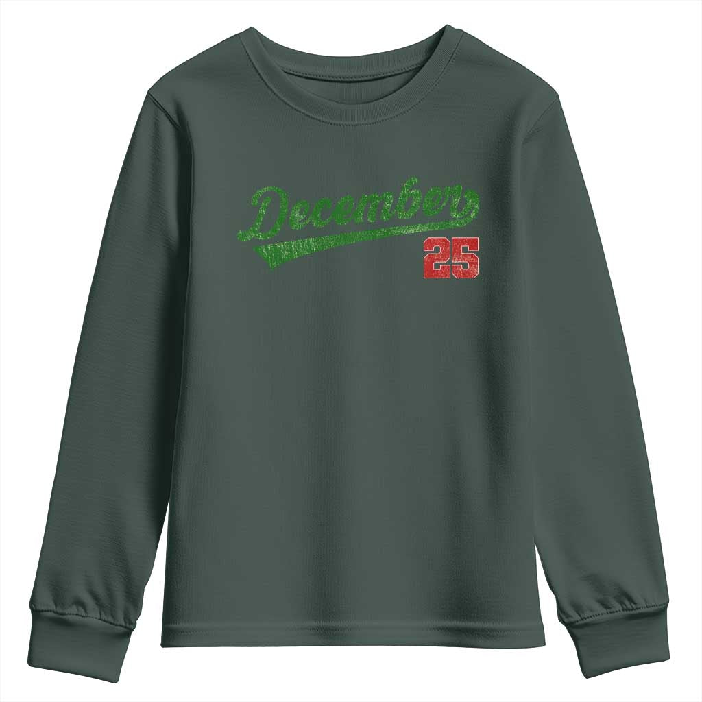 Retro Christmas December 25 Youth Sweatshirt Retro Vintage Script Holiday Trip TS10 Dark Forest Green Print Your Wear
