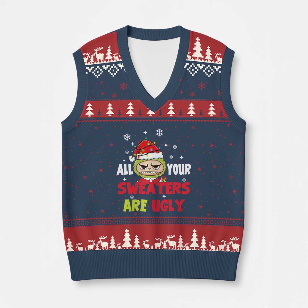 Funny Xmas V-Neck Knit Sweater Vest All Your Sweaters Are Ugly Kawaii Grinchy Bubu TS10 Navy Red Print Your Wear