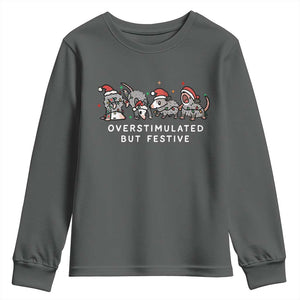 Overstimulated But Festive Possum Christmas Youth Sweatshirt Funny Opossum Xmas Meme TS10 Dark Heather Print Your Wear
