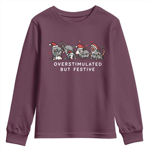 Overstimulated But Festive Possum Christmas Youth Sweatshirt Funny Opossum Xmas Meme TS10 Maroon Print Your Wear