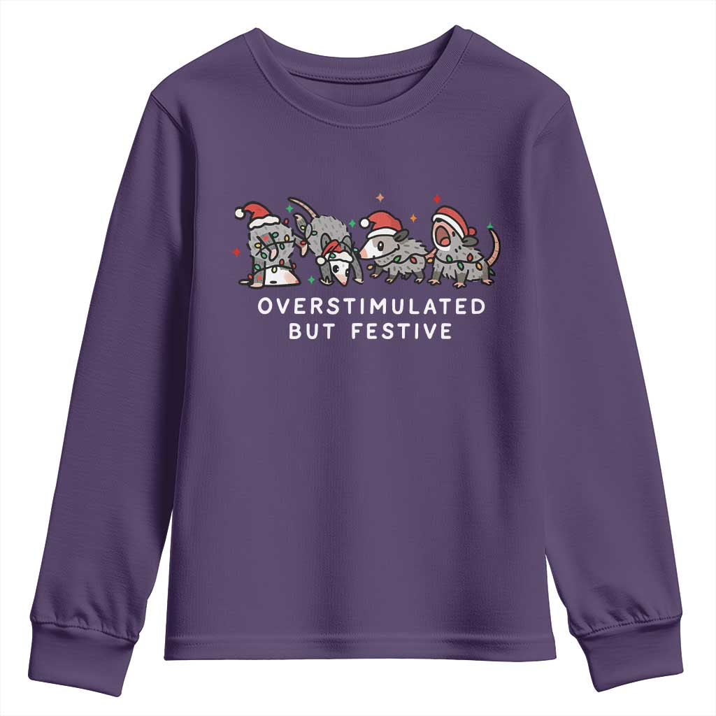 Overstimulated But Festive Possum Christmas Youth Sweatshirt Funny Opossum Xmas Meme TS10 Purple Print Your Wear