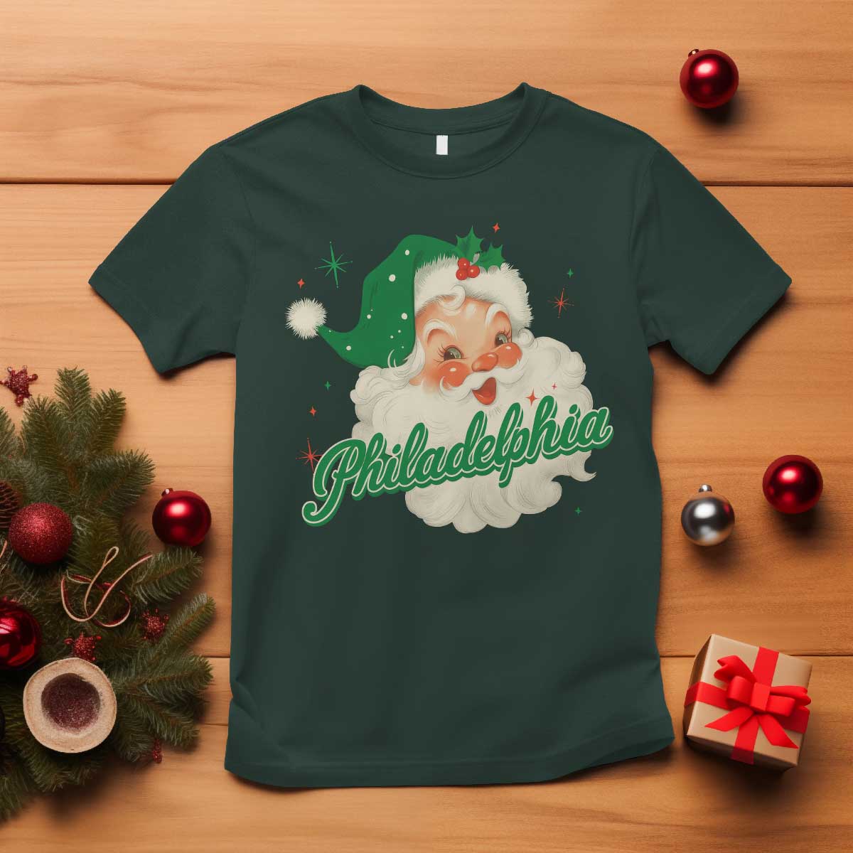 Christmas Philly Lover T Shirt Vintage Santa EF Football Fan TS10 Dark Forest Green Print Your Wear