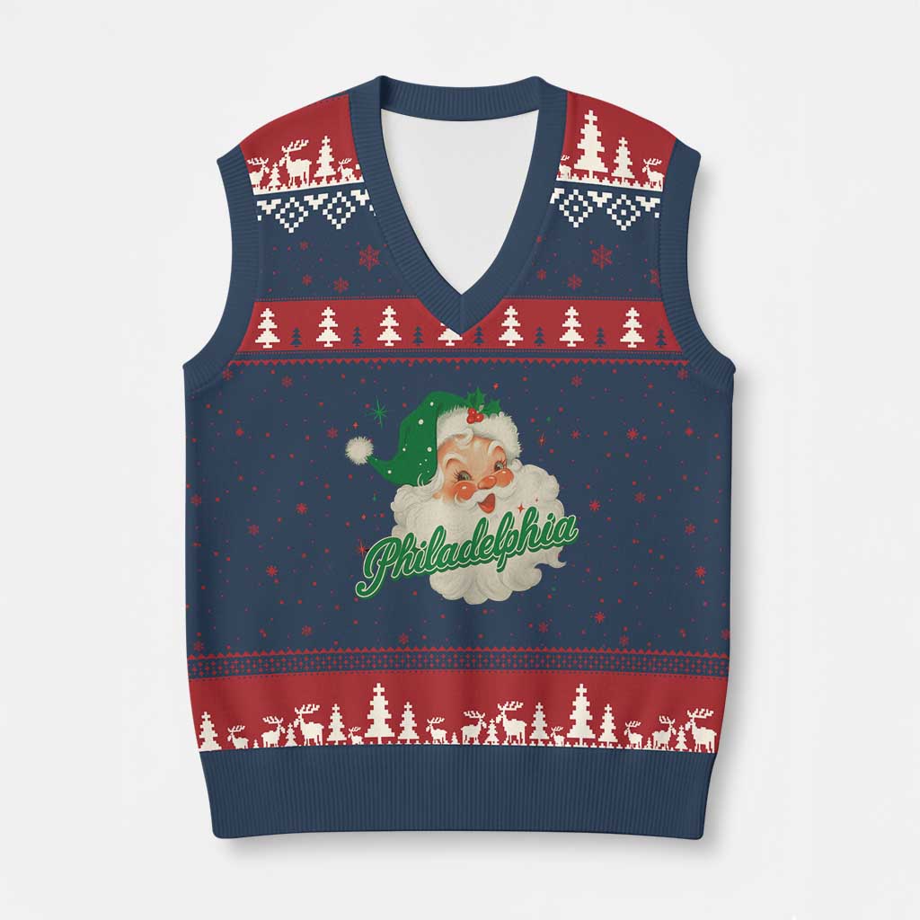 Xmas Philadelphia Football V-Neck Knit Sweater Vest Vintage Santa Philly Lovers TS10 Navy Red Print Your Wear