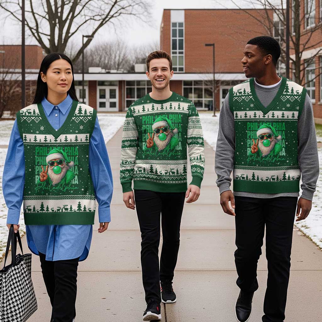 Philadelphia Football Xmas V-Neck Knit Sweater Vest Santa Retro Philly Fan TS10 Forest Green Beige Print Your Wear