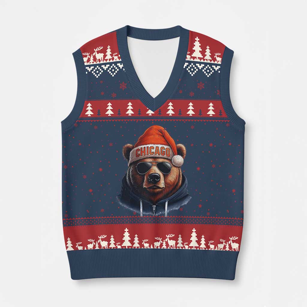 Vintage Chicago Football Xmas V-Neck Knit Sweater Vest Trendy Fan Gifts Game Day Apparel Bears Fan Gear TS10 Navy Red Print Your Wear