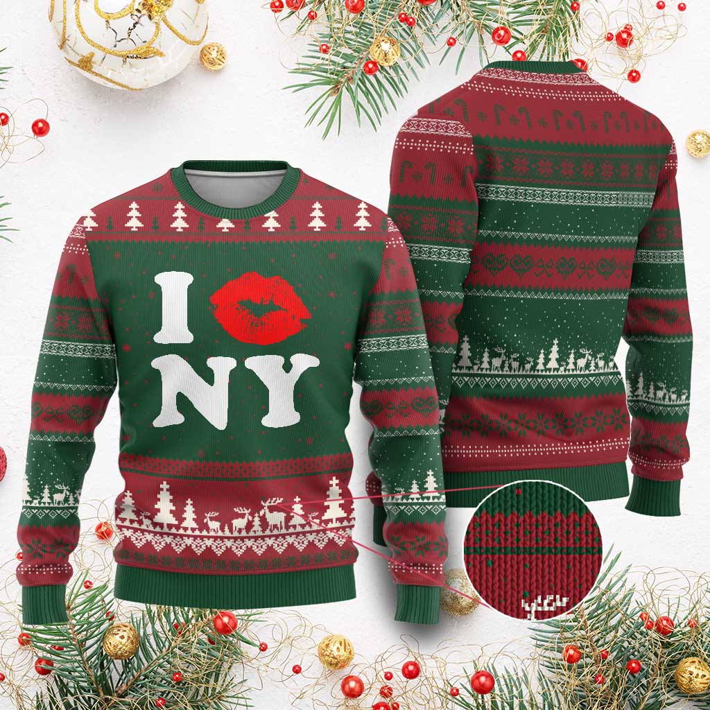 I Love NY Ugly Christmas Sweater Sexy Lips Red Lipstick Kiss New York Lover Travel Gift TS10 Red Green Print Your Wear