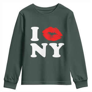 I Love NY Youth Sweatshirt Sexy Lips Red Lipstick Kiss New York Lover Travel Gift TS10 Dark Forest Green Print Your Wear