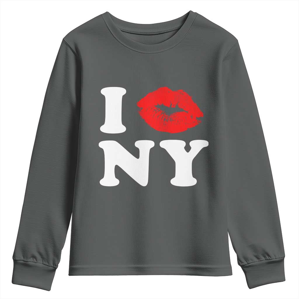 I Love NY Youth Sweatshirt Sexy Lips Red Lipstick Kiss New York Lover Travel Gift TS10 Dark Heather Print Your Wear