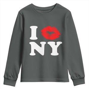I Love NY Youth Sweatshirt Sexy Lips Red Lipstick Kiss New York Lover Travel Gift TS10 Dark Heather Print Your Wear