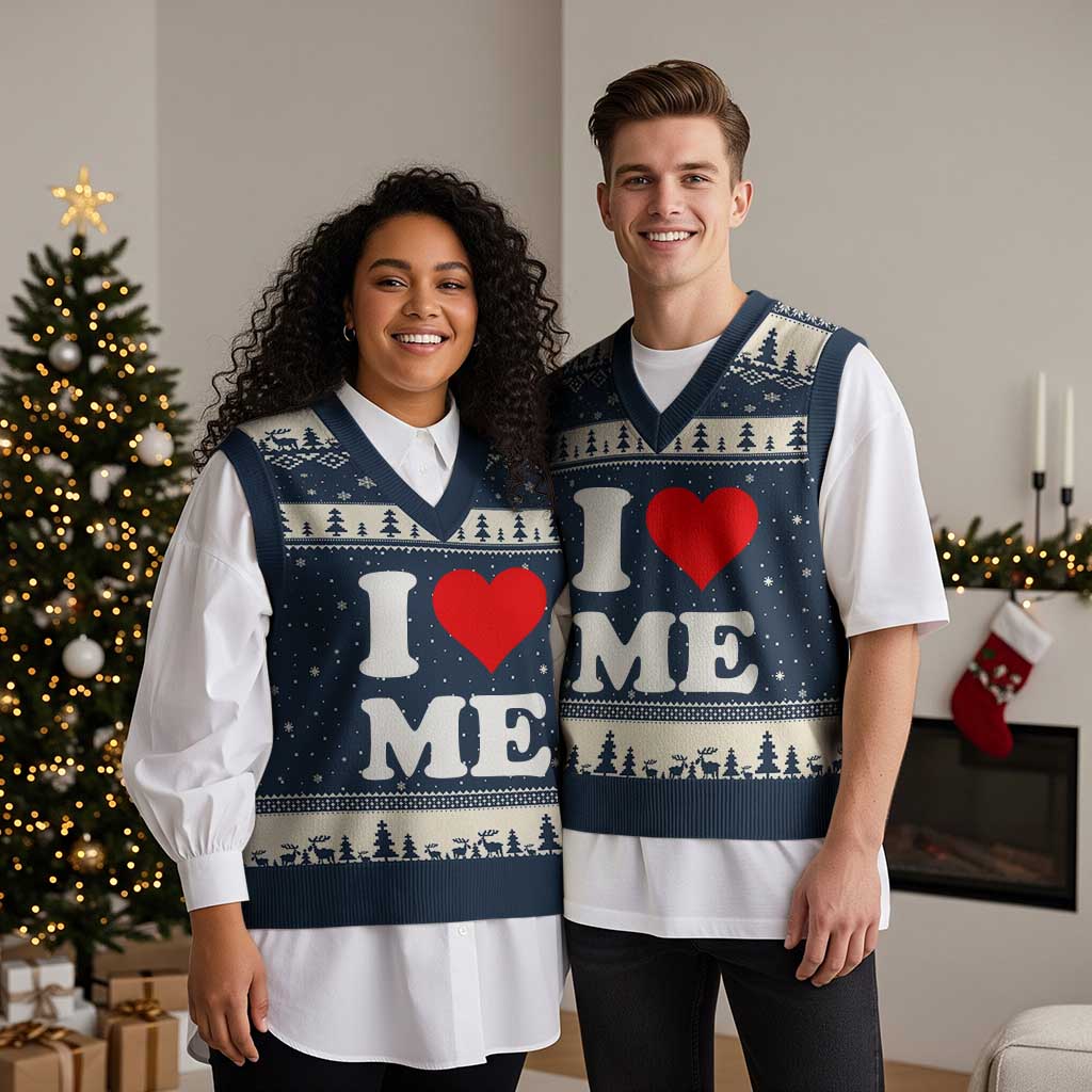 I Love Me V-Neck Knit Sweater Vest Funny Self Love Heart Positive Vibes TS10 Navy Beige Print Your Wear