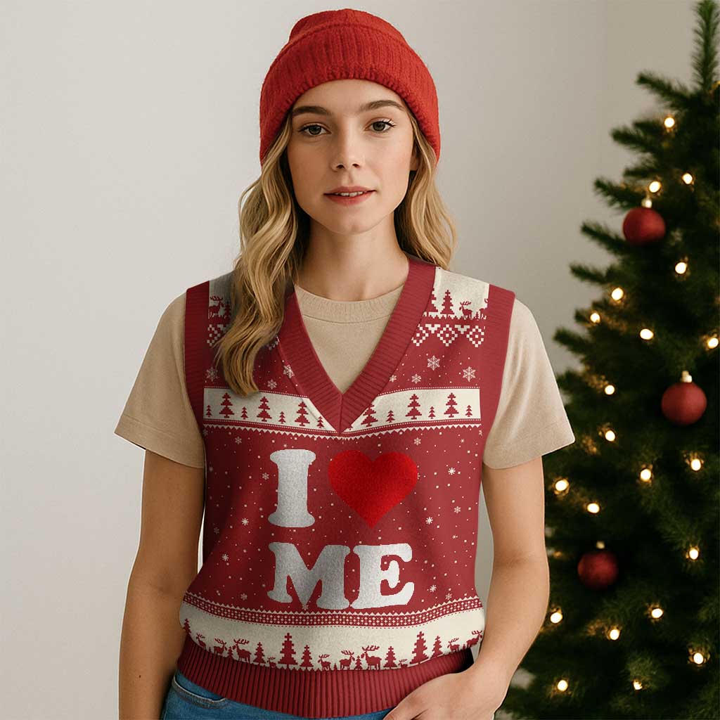 I Love Me V-Neck Knit Sweater Vest Funny Self Love Heart Positive Vibes TS10 Red Beige Print Your Wear