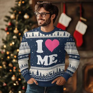 I Love Me Ugly Christmas Sweater Funny Self Love Pink Heart Positive Vibes TS10 Navy Beige Print Your Wear