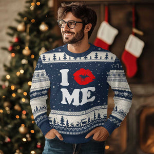 I Love ME Ugly Christmas Sweater Sexy Lips Red Lipstick Kiss Self Love TS10 Navy Beige Print Your Wear