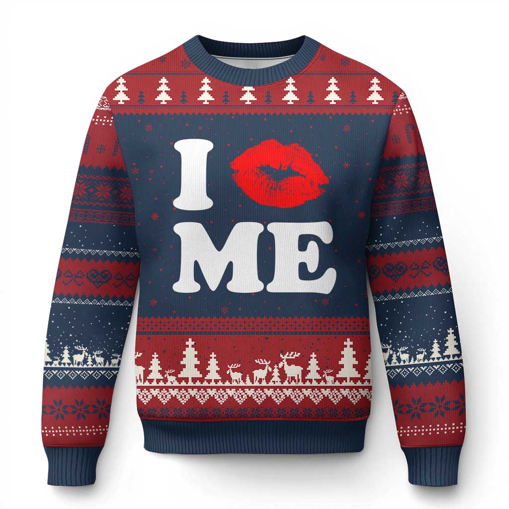 I Love ME Ugly Christmas Sweater Sexy Lips Red Lipstick Kiss Self Love TS10 Navy Red Print Your Wear