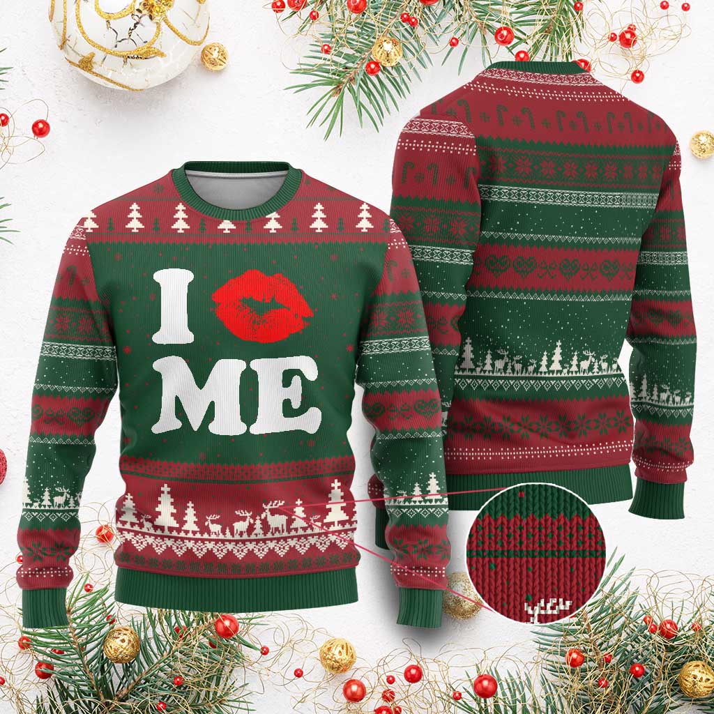 I Love ME Ugly Christmas Sweater Sexy Lips Red Lipstick Kiss Self Love TS10 Red Green Print Your Wear