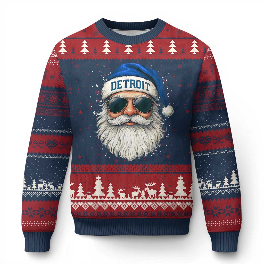 Vintage Detroit Football Xmas Ugly Christmas Sweater Funny Retro Santa Lions Fan Xmas TS10 Navy Red Print Your Wear