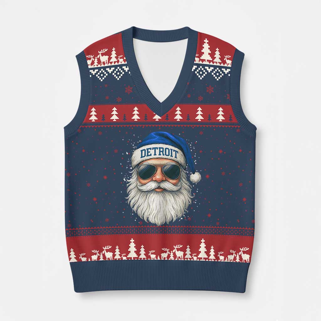 Vintage Detroit Football Xmas V-Neck Knit Sweater Vest Funny Retro Santa Lions Fan Xmas TS10 Navy Red Print Your Wear