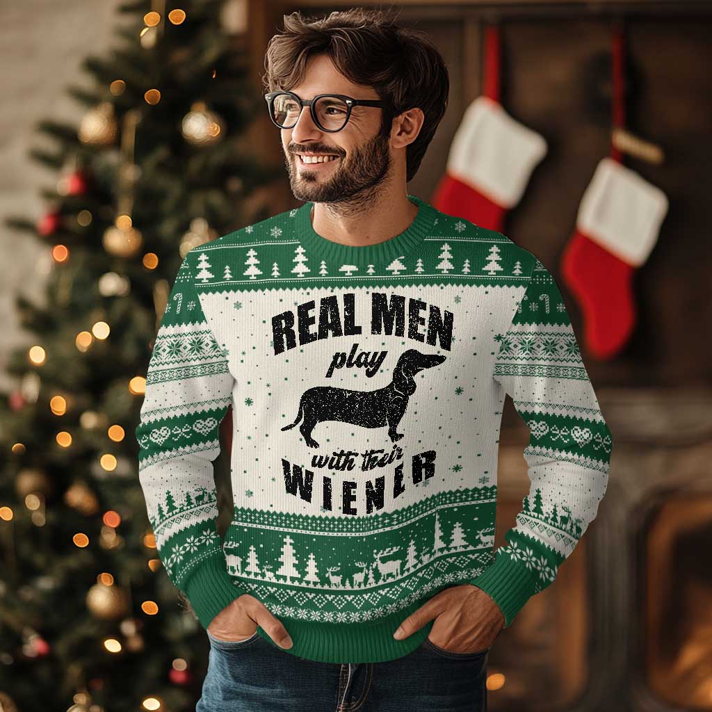 Funny Dachshund Dad Ugly Christmas Sweater Real Men Play With Their Wiener Dog Dad Gag Gift TS10 Beige Green Print Your Wear