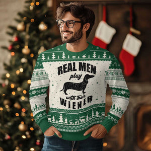 Funny Dachshund Dad Ugly Christmas Sweater Real Men Play With Their Wiener Dog Dad Gag Gift TS10 Beige Green Print Your Wear