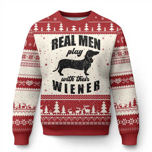 Funny Dachshund Dad Ugly Christmas Sweater Real Men Play With Their Wiener Dog Dad Gag Gift TS10 Beige Red Print Your Wear