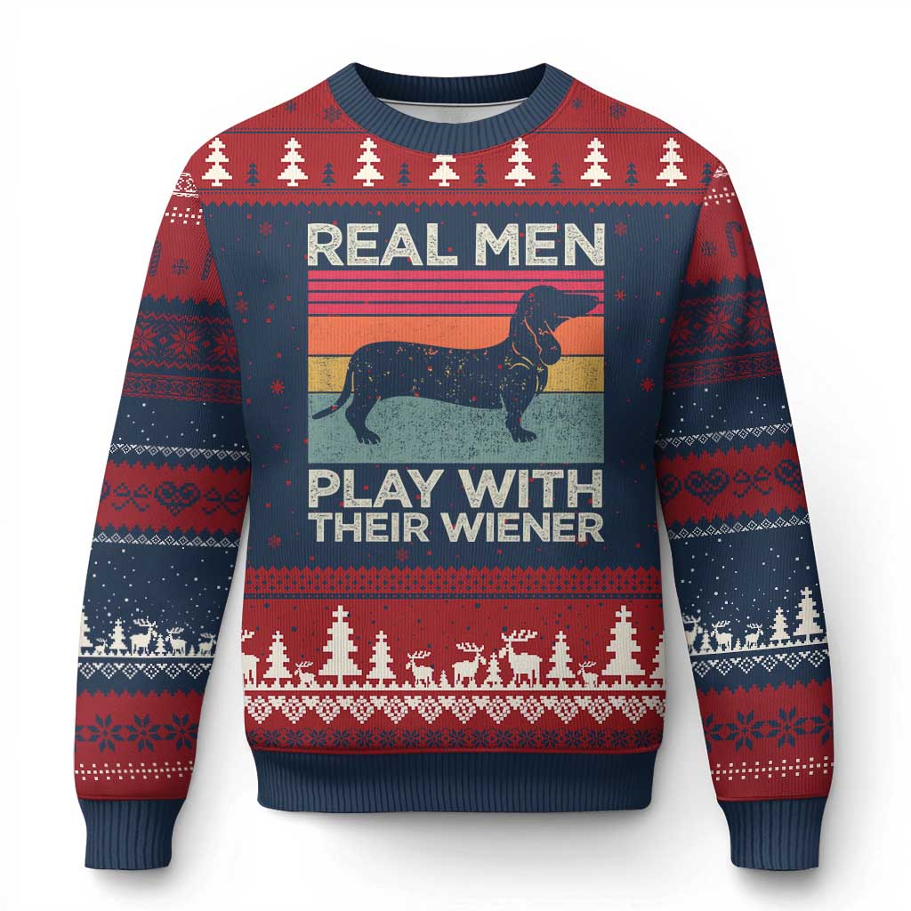 Funny Dachshund Dad Ugly Christmas Sweater Retro Real Men Play With Their Wiener Dog Dad Gag Gift TS10 Navy Red Print Your Wear