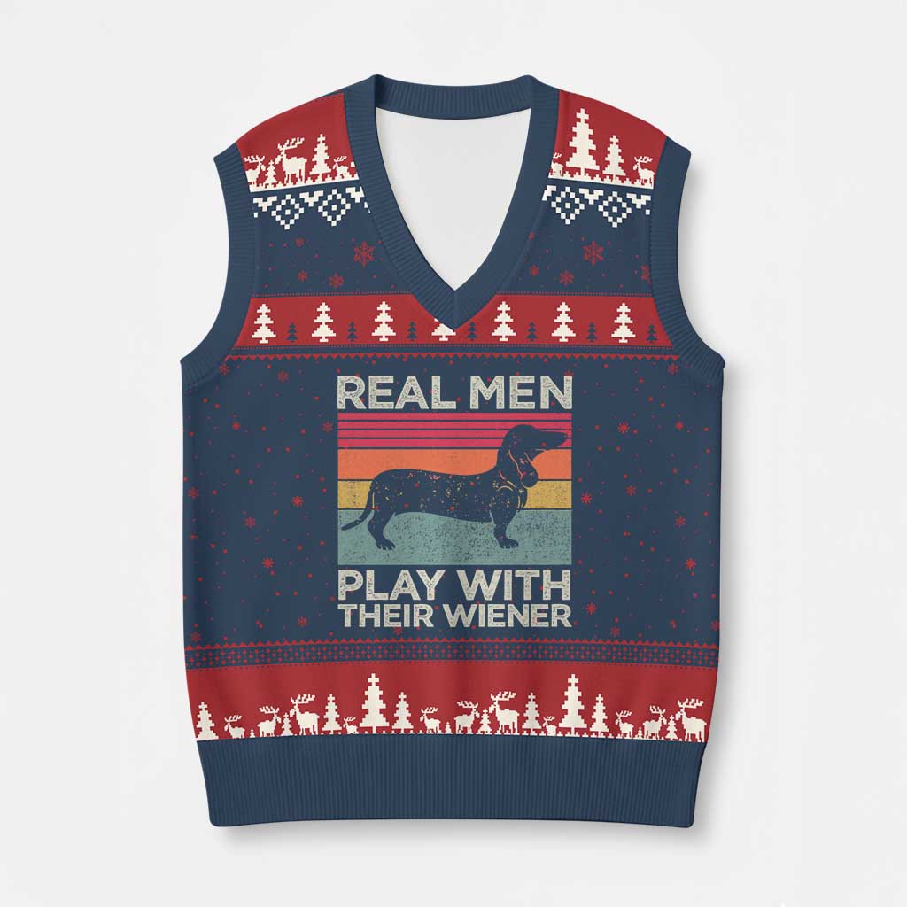 Funny Dachshund Dad V-Neck Knit Sweater Vest Retro Real Men Play With Their Wiener Dog Dad Gag Gift TS10 Navy Red Print Your Wear