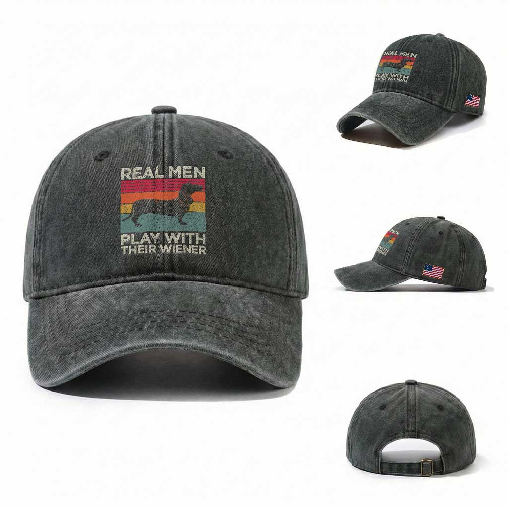 Funny Dachshund Dad Washed Cotton Baseball Cap Retro Real Men Play With Their Wiener Dog Dad Gag Gift TS10 Washed Cap Universal Fit Dark Green Print Your Wear
