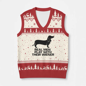 Funny Dachshund Dog Dad V-Neck Knit Sweater Vest Real Men Play With Their Wiener Pet Father Gag Gift TS10 Beige Red Print Your Wear