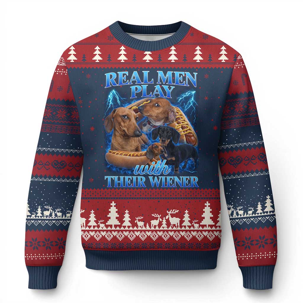 Funny Dachshund Dog Dad Ugly Christmas Sweater Real Men Play With Their Wiener Funny Offensive TS10 Navy Red Print Your Wear