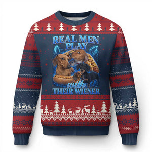 Funny Dachshund Dog Dad Ugly Christmas Sweater Real Men Play With Their Wiener Funny Offensive TS10 Navy Red Print Your Wear