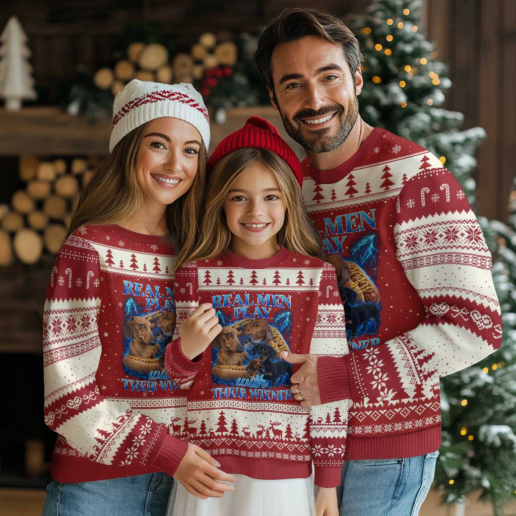 Funny Dachshund Dog Dad Ugly Christmas Sweater Real Men Play With Their Wiener Funny Offensive TS10 Red Beige Print Your Wear