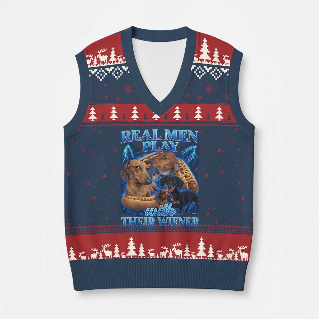 Funny Dachshund Dog Dad V-Neck Knit Sweater Vest Real Men Play With Their Wiener Funny Offensive TS10 Navy Red Print Your Wear