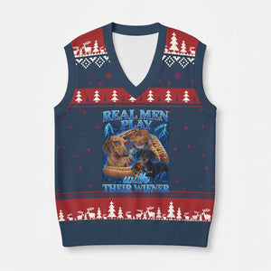 Funny Dachshund Dog Dad V-Neck Knit Sweater Vest Real Men Play With Their Wiener Funny Offensive TS10 Navy Red Print Your Wear