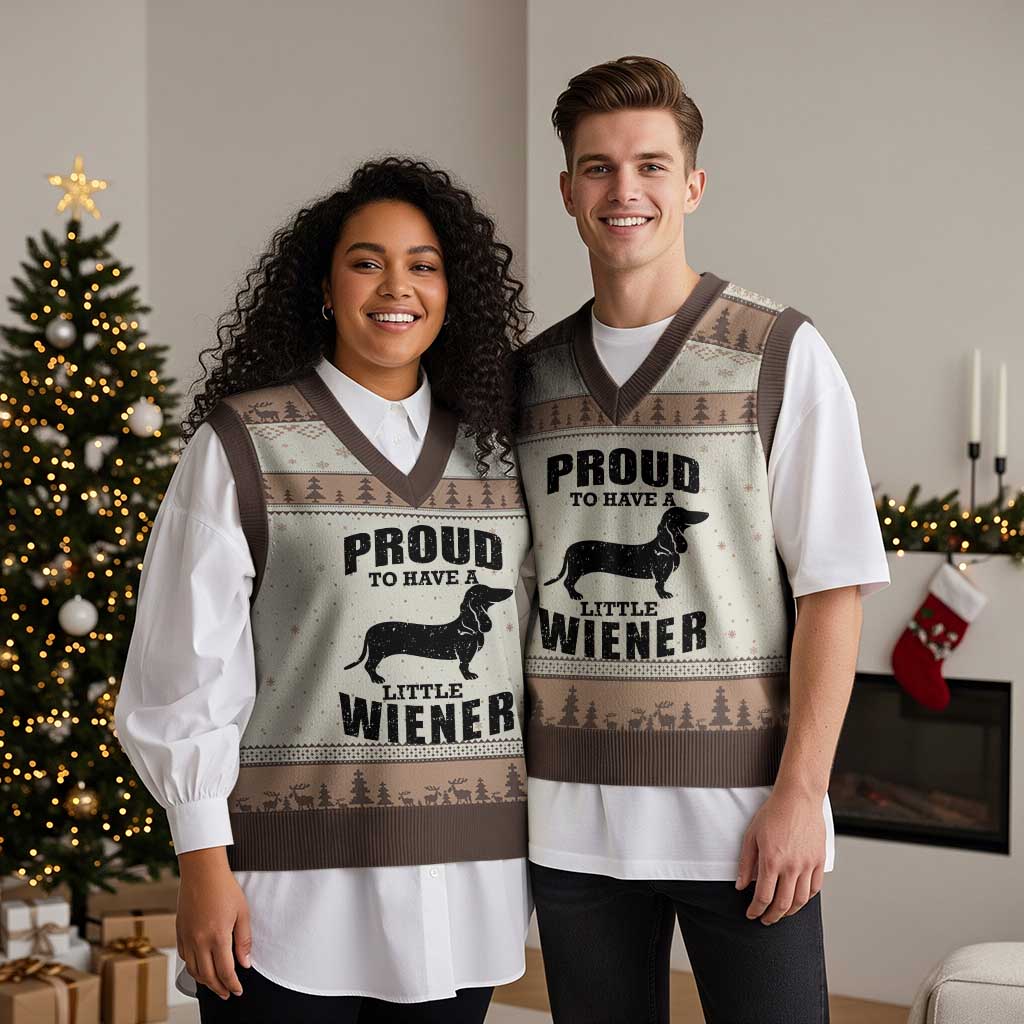 Proud to Have A Little Wiener V-Neck Knit Sweater Vest Funny Offensive Dachshund Retro 90s TS10 Mocha Mousse Print Your Wear