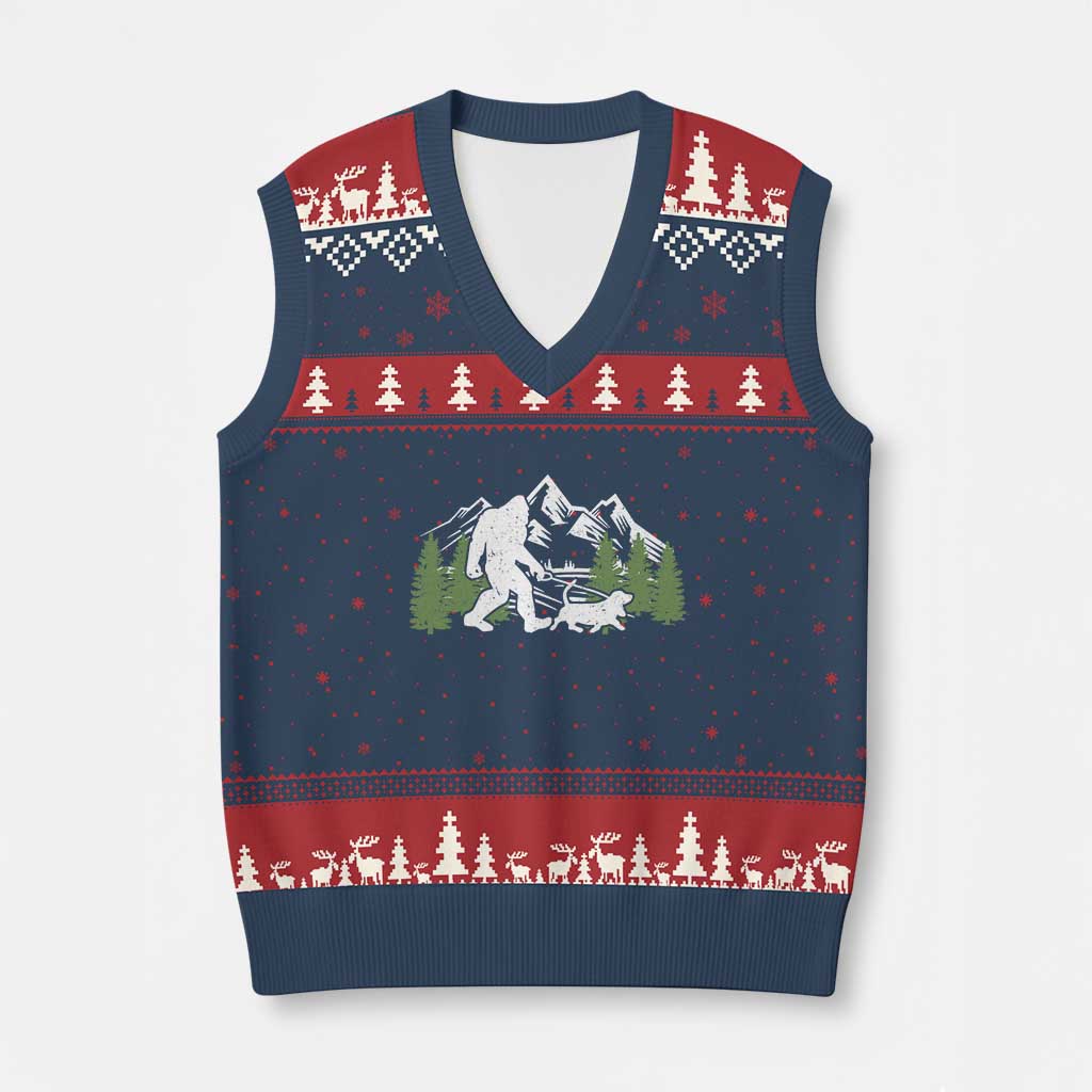 Bigfoot Walking Dachshund V-Neck Knit Sweater Vest Funny Wiener Dog Gift Sasquatch TS10 Navy Red Print Your Wear