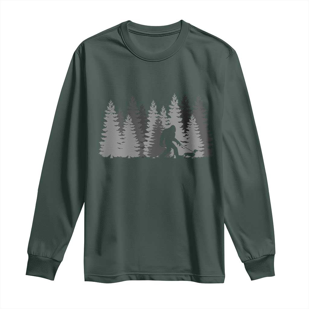 Bigfoot Walking Dachshund Long Sleeve Shirt Funny Wiener Dog Gift Forest Sasquatch Yeti TS10 Dark Forest Green Print Your Wear