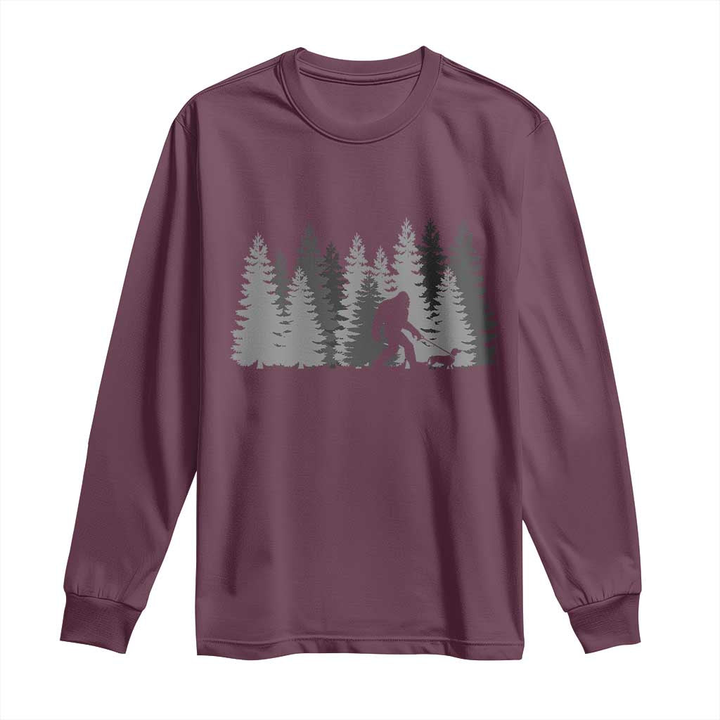 Bigfoot Walking Dachshund Long Sleeve Shirt Funny Wiener Dog Gift Forest Sasquatch Yeti TS10 Maroon Print Your Wear