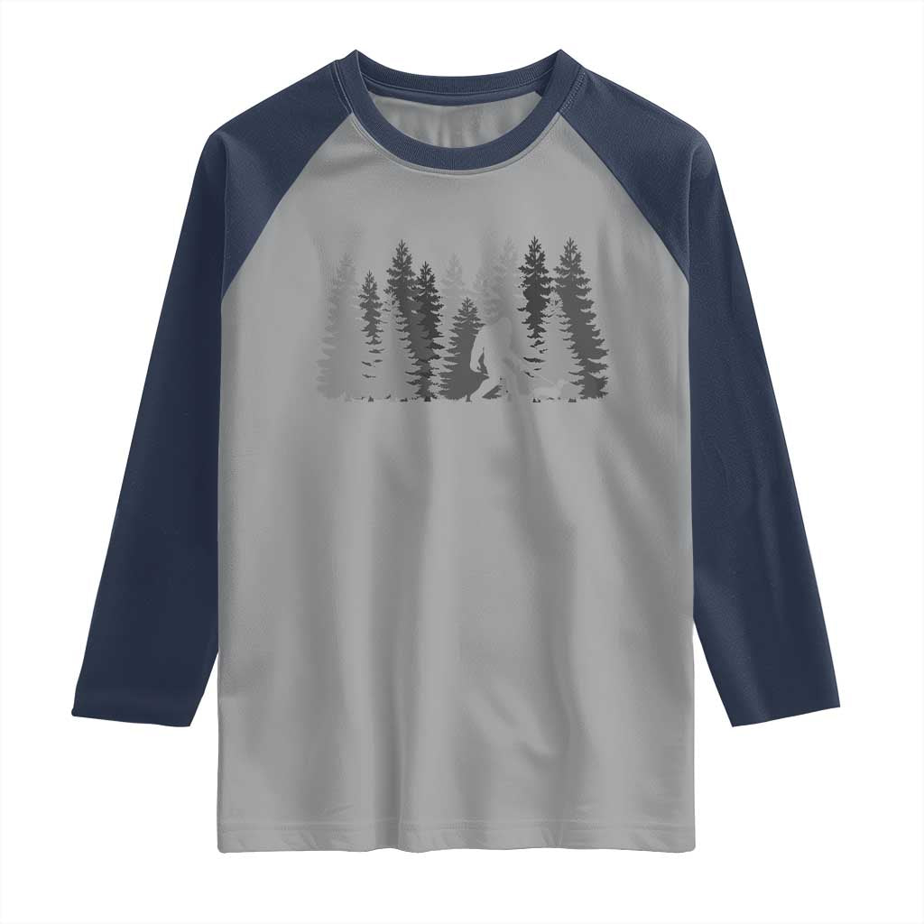 Bigfoot Walking Dachshund Raglan Shirt Funny Wiener Dog Gift Forest Sasquatch Yeti TS10 Sport Gray Navy Print Your Wear