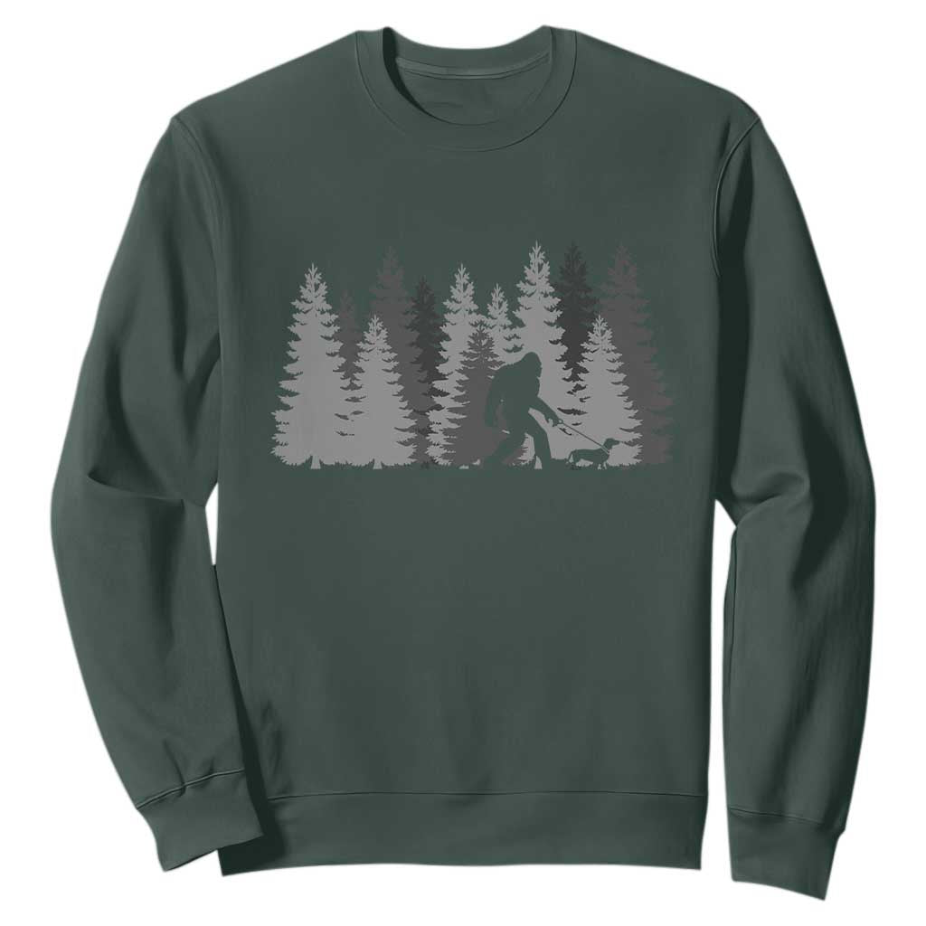 Bigfoot Walking Dachshund Sweatshirt Funny Wiener Dog Gift Forest Sasquatch Yeti TS10 Dark Forest Green Print Your Wear