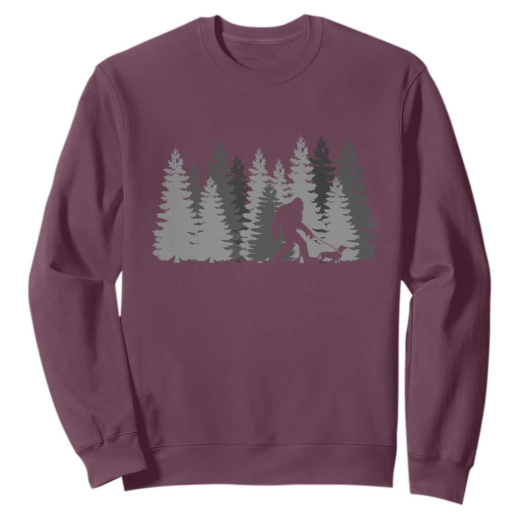 Bigfoot Walking Dachshund Sweatshirt Funny Wiener Dog Gift Forest Sasquatch Yeti TS10 Maroon Print Your Wear