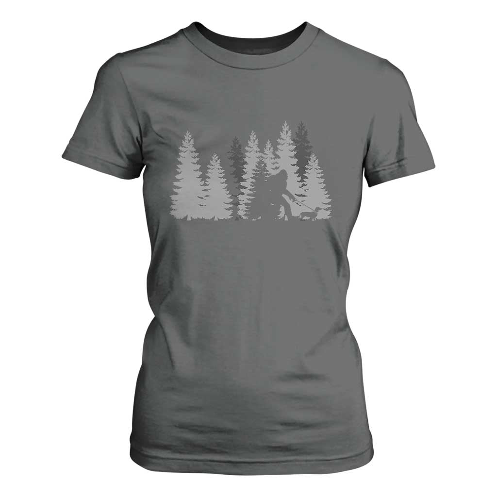 Bigfoot Walking Dachshund T Shirt For Women Funny Wiener Dog Gift Forest Sasquatch Yeti TS10 Dark Heather Print Your Wear