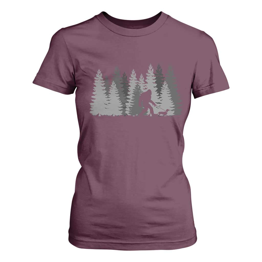 Bigfoot Walking Dachshund T Shirt For Women Funny Wiener Dog Gift Forest Sasquatch Yeti TS10 Maroon Print Your Wear