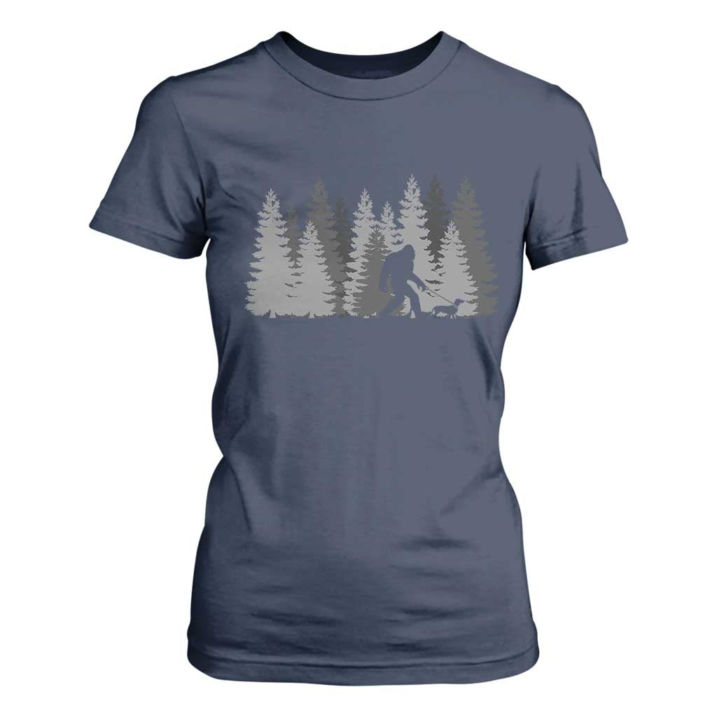 Bigfoot Walking Dachshund T Shirt For Women Funny Wiener Dog Gift Forest Sasquatch Yeti TS10 Navy Print Your Wear
