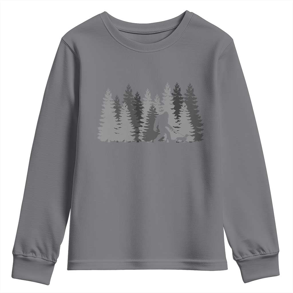 Bigfoot Walking Dachshund Youth Sweatshirt Funny Wiener Dog Gift Forest Sasquatch Yeti TS10 Charcoal Print Your Wear