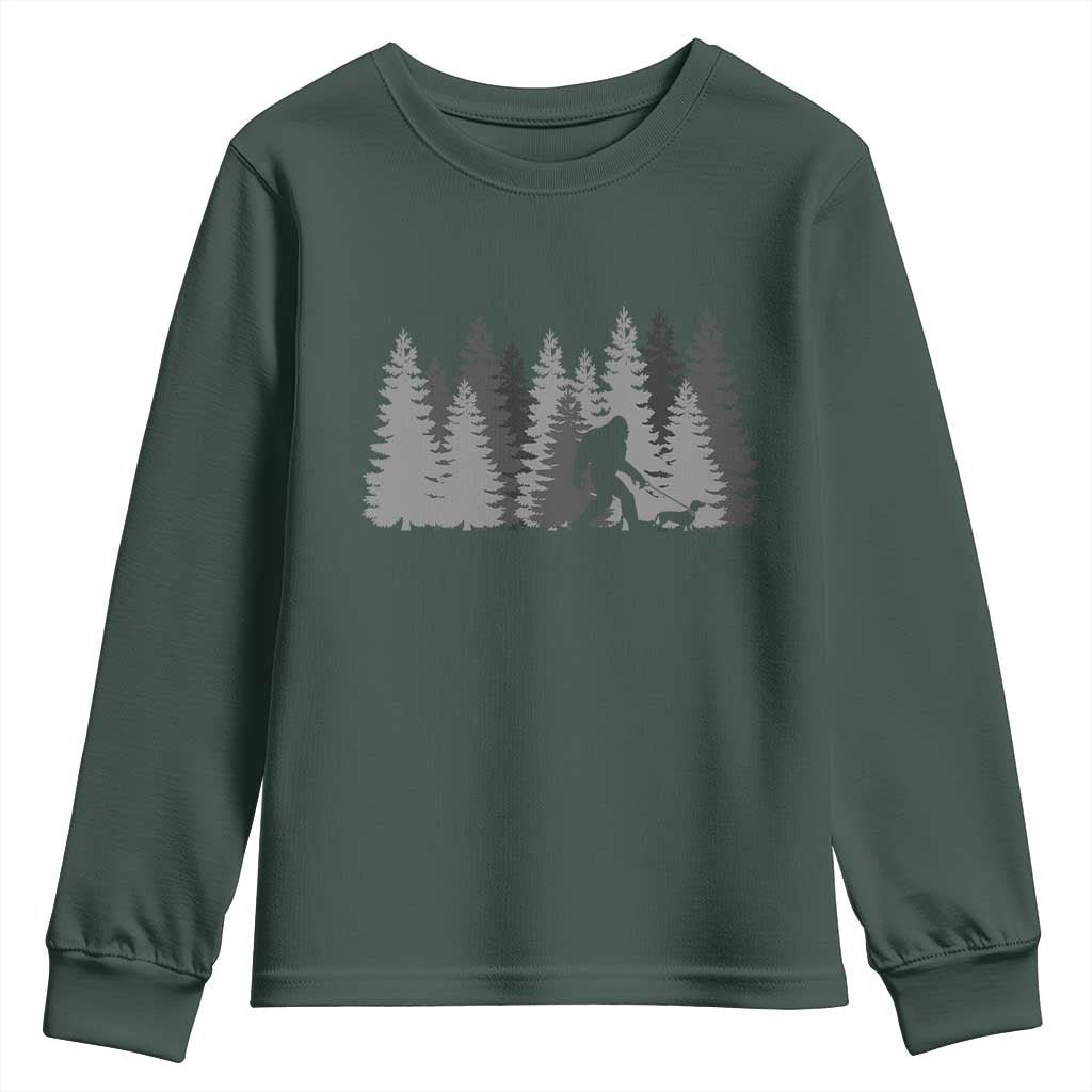 Bigfoot Walking Dachshund Youth Sweatshirt Funny Wiener Dog Gift Forest Sasquatch Yeti TS10 Dark Forest Green Print Your Wear