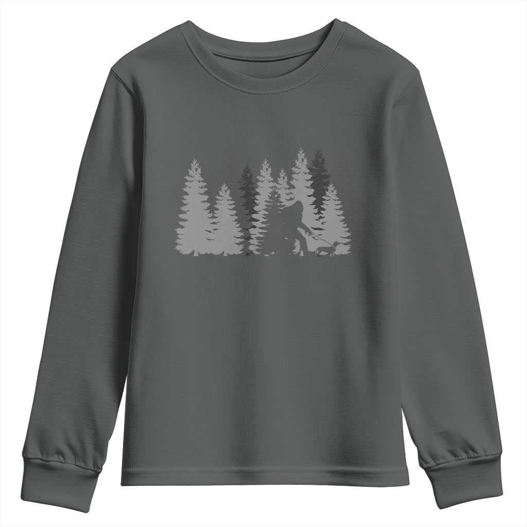 Bigfoot Walking Dachshund Youth Sweatshirt Funny Wiener Dog Gift Forest Sasquatch Yeti TS10 Dark Heather Print Your Wear