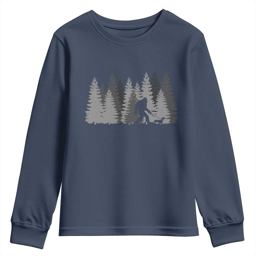 Bigfoot Walking Dachshund Youth Sweatshirt Funny Wiener Dog Gift Forest Sasquatch Yeti TS10 Navy Print Your Wear